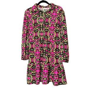 Jude Connally Graphic Colorful Flounce Ruffle Hem Long Sleeve Dress Sz L